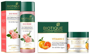 Biotique Vitamin C Correcting and Brightening Non Greasy Face Cream, 50g & Biotique Bio Rose Pore Tightening Toner With Himalayan Water For All Skin Type 120 Ml